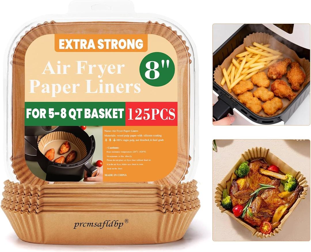 125 Pcs 7.9 Inch Square Air Fryer Liners Disposable for Home Bakers - Thickened Silicone Oil Paper - Withstands up to 450°F Heat - for Air Fryer 5 to 8 Qt