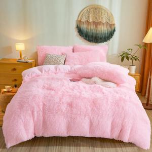 Besfunny Fluffy Pink Comforter Cover Twin Set  Plush Fluffy Pink Bedding 2-Piece Set (1 Furry Duvet Cover + 1 Shaggy Pillow Sham) Cozy Faux Fur Bed Set