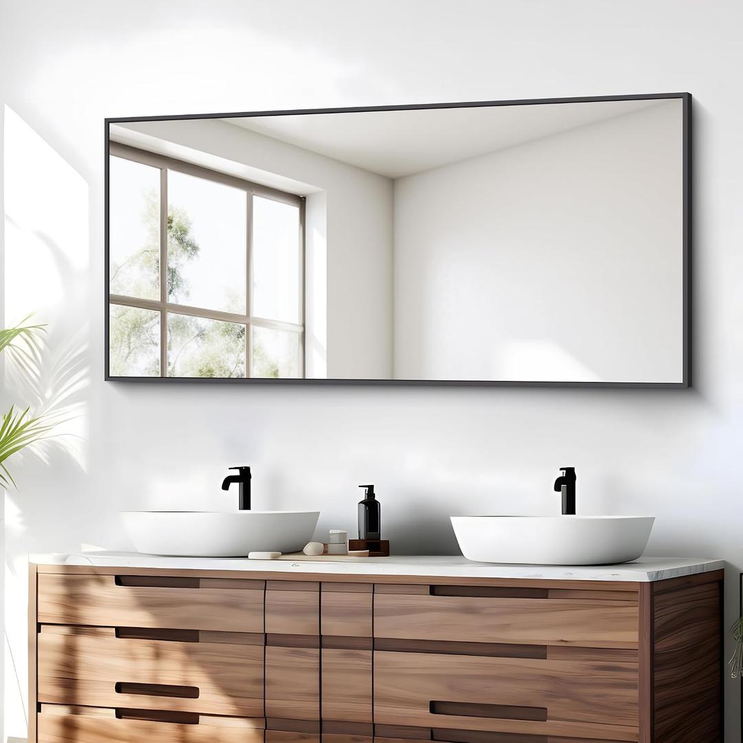 BONEWEI Bathroom Mirror,24x48 inch Wall Mirror for Bathroom Wall Mounted Black Rectangle Square Corner Mirrors, Black Bathroom Mirror for Living Room, Farmhouse, Bedroom Entryway, Horizontal/Vertical