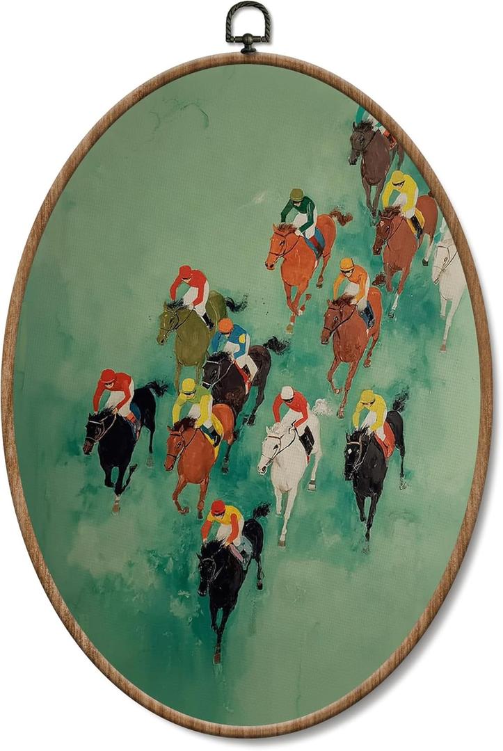 Yorhifa Vintage Racing Horse Jockeys Framed Wall Art, Colorful Jockeys Oval Wall Art, Horse Sports Oval Walls Decor, Rustic Country Equestrian Canvas Artwork Hanging Decor, 8.5x11.5in