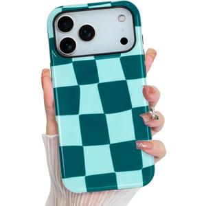 KANGHAR Compatible with iPhone 17 Pro Case 2025, Aesthetic Checkered Cute Pattern, Support for MagSafe Shockproof Cover for Girls Women -Green