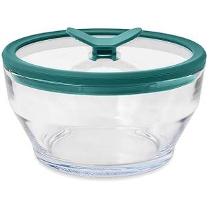 Anyday 4-Cup Glass Food Storage with Glass Lid, Round Deep Dish | Plastic-Free Meal Prep & Microwave Cookware | Stackable Airtight Storage Container with Vented Lid for Microwave-Safe Reheating (Clear - Kale)