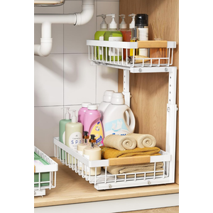 PXRACK Under Sink Organizer, Adjustable Height, 2 Tier Pull Out Under Cabinet Organizer, Slide Out Thickened Metal Under Sink Storage for Kitchen Bathroom Laundry Pantry Cabinet, L, White