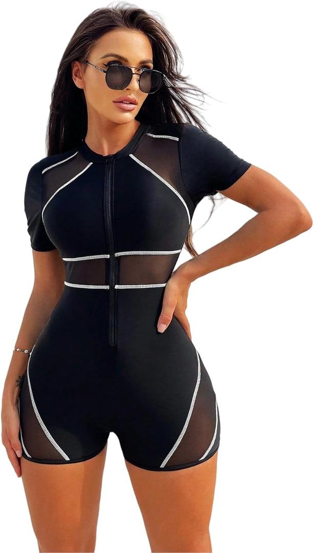 SISKIN Swim Suits for Women 2026, One Piece Tummy Control Short Sleeve Mesh Zipper Athletic Colorblock Modest Bathing Suit (Black, M)