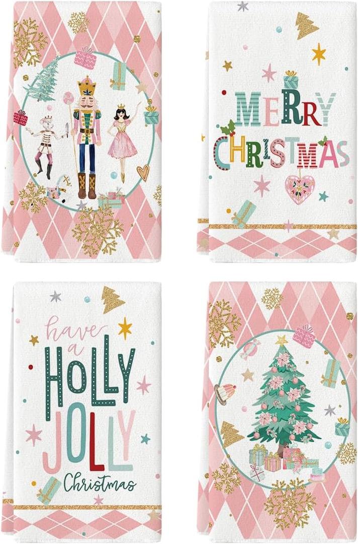 Artoid Mode Pink Nutcrackers Tree Holly Jolly Merry Christmas Kitchen Towels Dish Towels, 18x26 Inch Seasonal Winter Xmas Decoration Hand Towels Set of 4