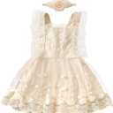 Newborn Baby Girl 1st Birthday Outfit Floral Lace Tulle Tutu Dress Cake Smash Boho Princess Toddler Summer Dresses (12-18 Months, Beige + Headband)