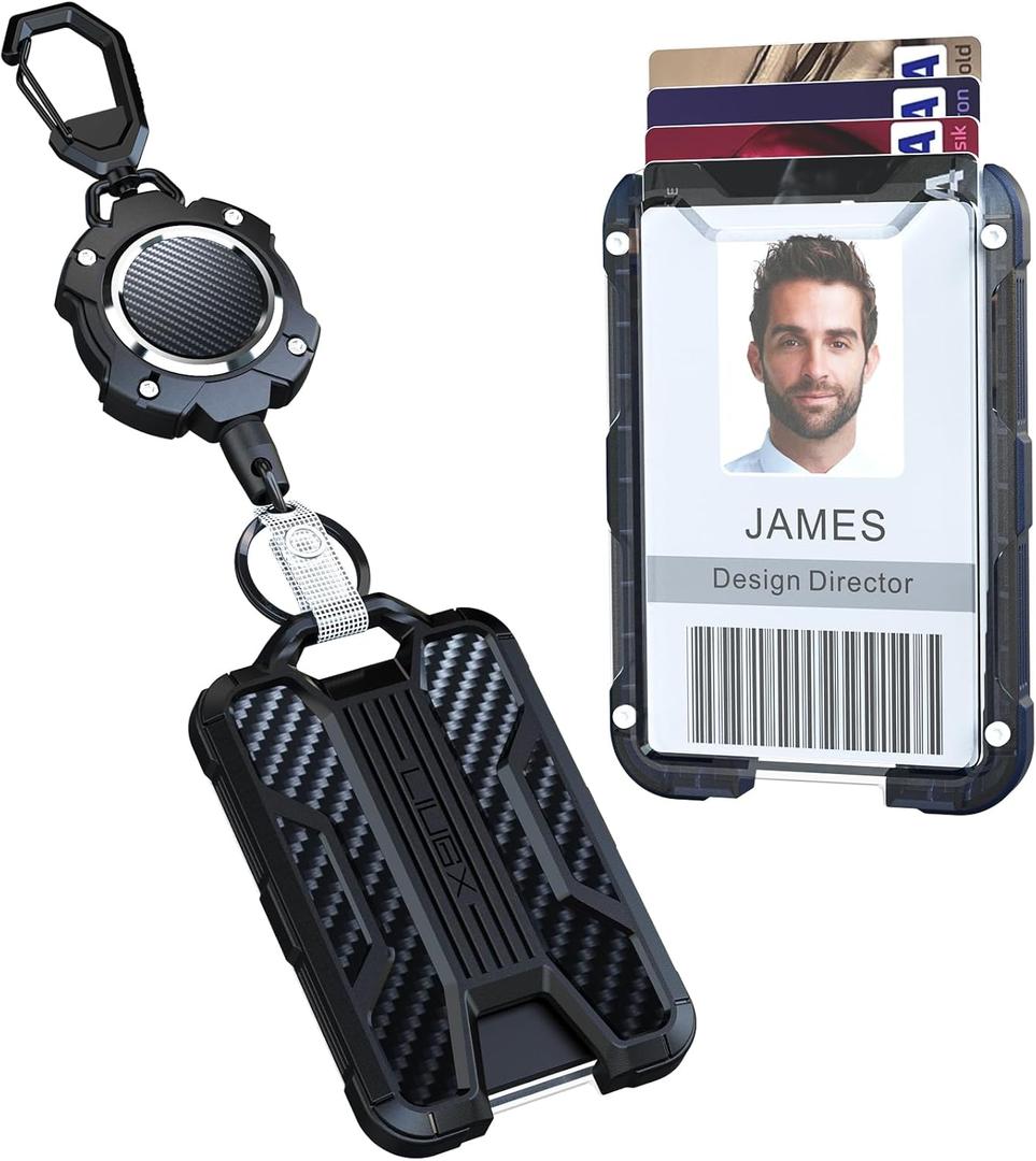 LIUGX Retractable Badge Holders, Heavy Duty Carabiner Keychain,Durable ID Card Holder (Holds 4 Cards), Carbon Fiber-Texture, with 31.5Badge Reel Key Chain, 10,000+ Rebound, Silver-Black