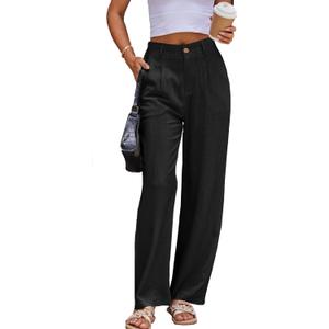 heipeiwa Women's Linen Casual High Waist Wide Leg Straight Dress Cotton Linen Pants Button Trousers, S