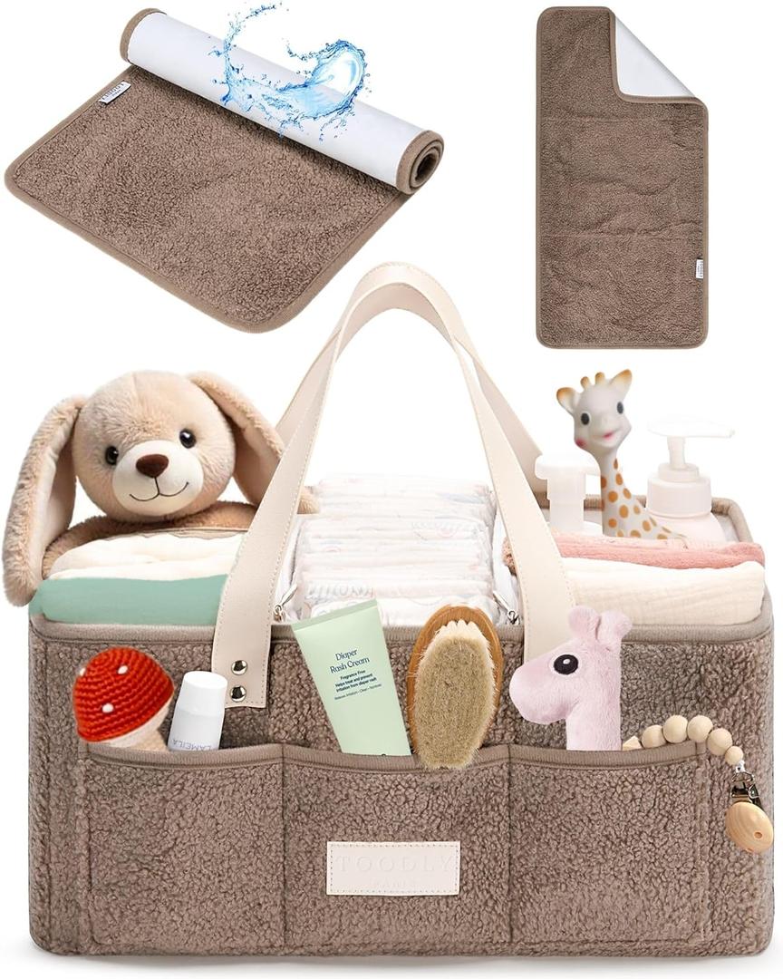 Baby Diaper Caddy Organizer with Portable Changing Mat - Teddy Fleece Nursery Storage Basket for Changing Table & Newborn Essentials  Baby Shower Gifts and Registry Must-Haves