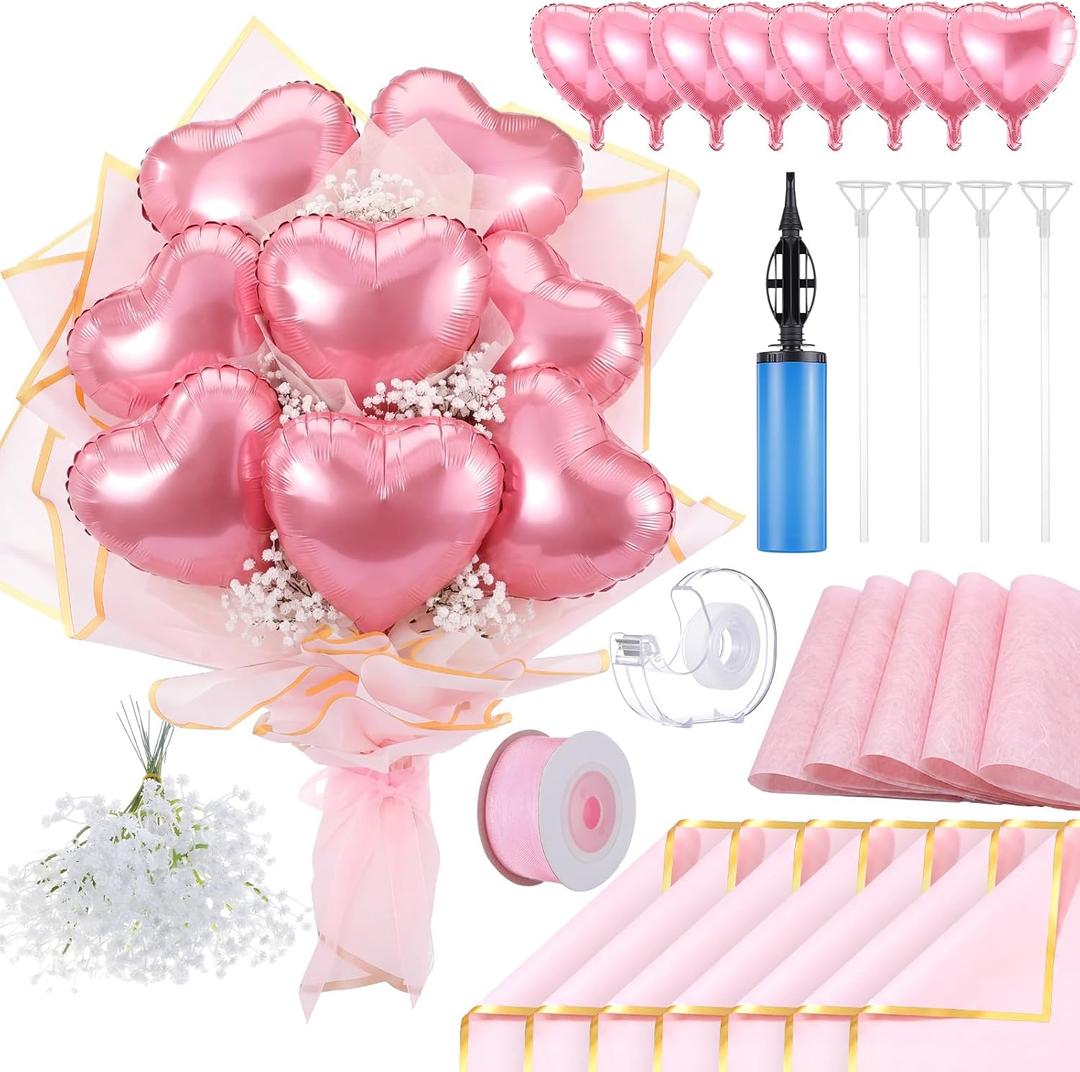 Qeeenar DIY Heart Balloon Bouquet Kit, 8Pcs Foil Heart Balloons with Baby's Breath Flowers, Wrapping Paper & Ribbon, Balloon Flower Bouquet Making Kit for Birthday Anniversary(Pink)