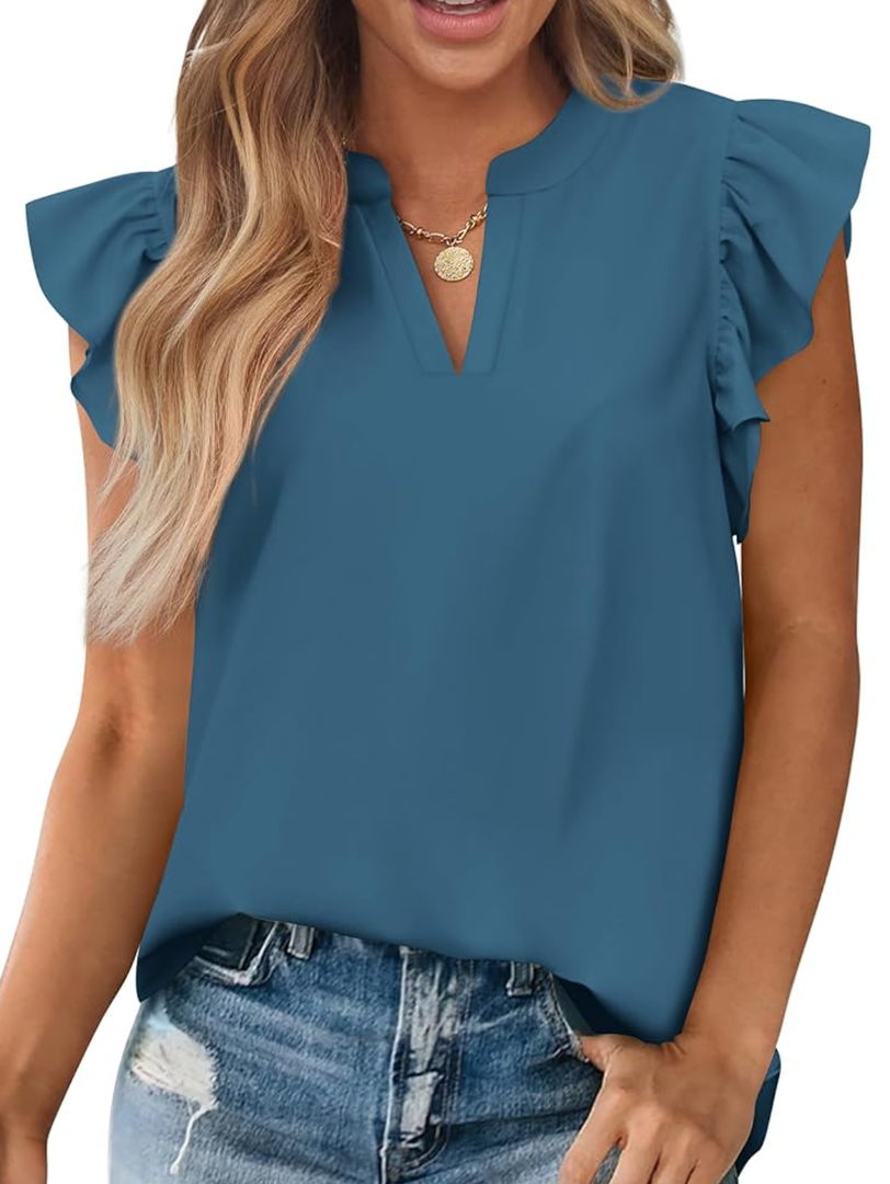 Zenlonr Womens Summer Tops 2025 Casual V Neck Ruffle Cap Sleeve Blouse Shirts Basic Tunic Tops Spring Outfits, XL