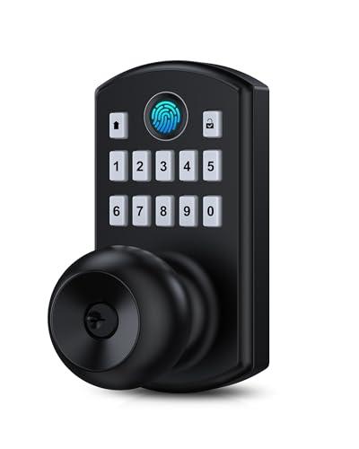 Hidalife Keypad Door Lock with Knob, Fingerprint Keyless Entry Door Lock for Front Door, Easy Passage Mode, Biometric Door Lock with Code, Matte Black