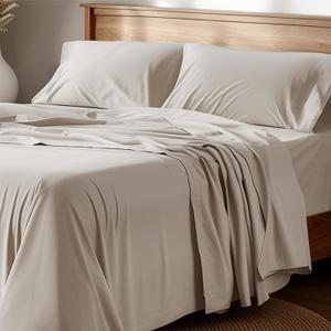 Bedsure 100% Cotton Percale Sheets Queen Size, Queen Sheet Set with Deep Pocket Up to 16 Inches, Breathable & Crirsp Soft, Bedsheet Set, 2 Pieces, Linen (02 - Linen)