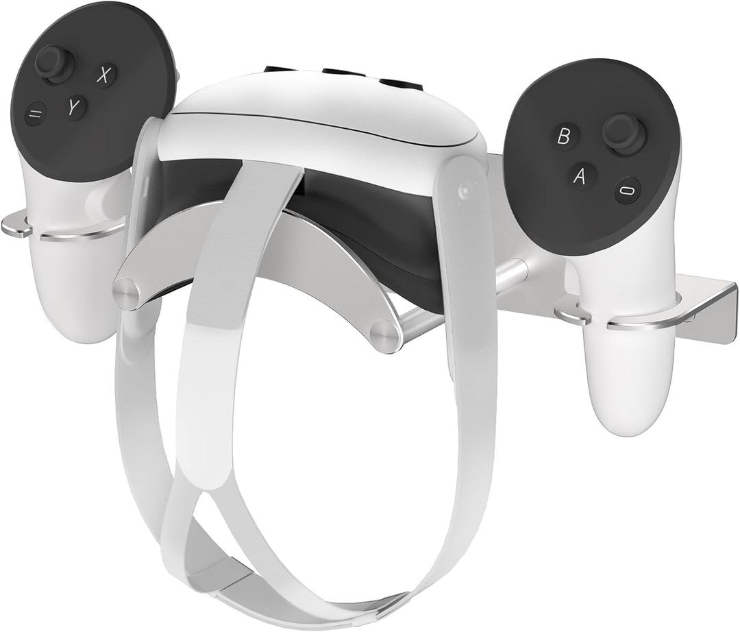 VR Wall Mount for Meta Oculus Quest 3S/Quest 3/Quest 2/Quest Pro/Rift-S/Vision Pro Headset & Controllers, Aluminum VR Wall Holder with 2 Storage Way, Desk Space Saving & Stable VR Stand, Silver