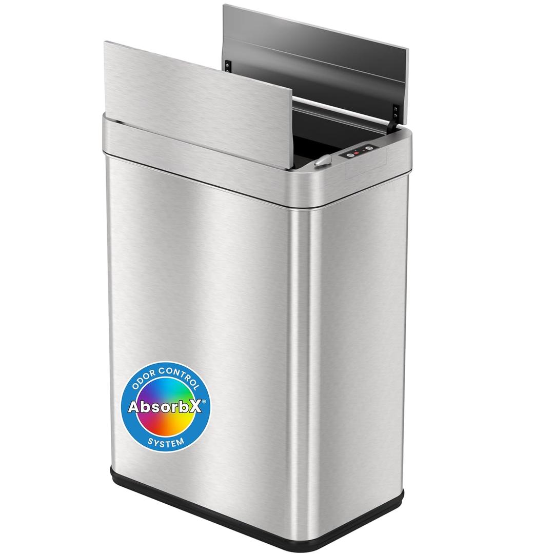 iTouchless 13 Gallon Wings-Open Kitchen Trash Can with Lid and Odor Filter, Stainless Steel, Dog Proof Automatic TrashCan Garbage Bin for Home Office Work Bedroom Living Room Garage Slim Wastebasket (Brushed Silver 13 Gal Sensor)