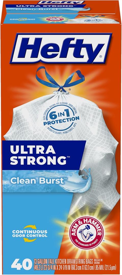 Hefty Ultra Strong 13 Gallon Trash Bags, Tall Kitchen Trash Bags 13 Gallon Size, Drawstring Closure, Continuous Odor Control, White, Clean Burst Scent, 40 Bags