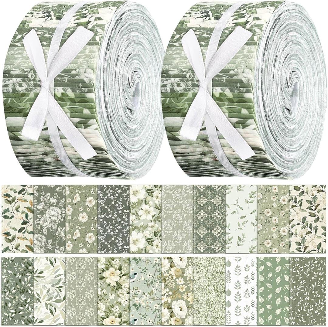 Ganeen 100 Pcs Sage Green Fabric Roll for Rug Batting Greenery Fabric Strips Jelly 2.56 Inch Leaves Floral Precut Quilting Square Bundle for Spring Patchwork Materials Blanket Purse Sewing DIY Crafts