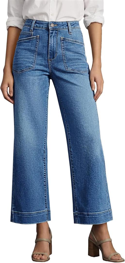 Cicy Bell Womens Cropped Wide Leg Jeans Stretchy High Waisted Trendy Baggy Denim Ankle Pants with Pockets (Blue) Size 8