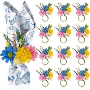 12 PCS Easter Floral Napkin Rings Eggs and Wildflowers Napkin Holders Spring Table Decor for Easter Brunch, Wedding, Party, Dinner Table Settings