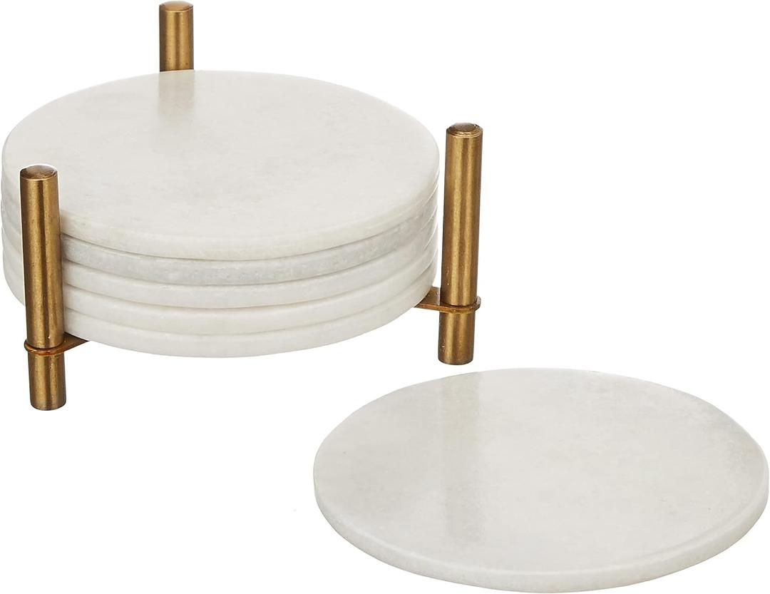 Queenza Marble Coasters for Drinks, Natural Stone Coasters Set for Coffee Table, Bar, Dining & Home Decor, Set of 6 Sleek 3.5-Inch, 5 mm Thick Tiles with Metal Holder, Polished from Both Sides