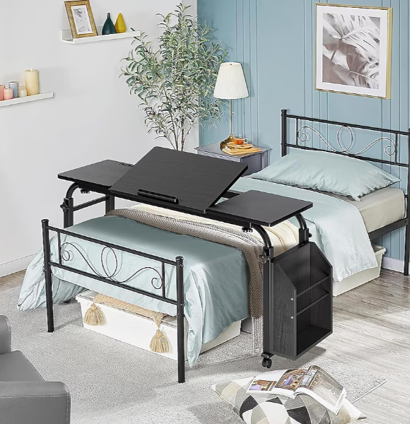 Laptop Desk for Bed,Angle Adjustable Overbed Table with Wheels (Black, 47“) | Adjustable Height&Length Laptop Bed Table with Storage Drawer, Laptop Desk Cart Table for Bedroom Home Office Hospital