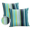Pack of 2 Outdoor Pillow Covers, Colorful Stripes Navy Blue Teal Turquoise Black Wood Texture Waterproof Square Throw Pillowcase Cushion Decorative Pillow Covers for Couch Patio Tent, 18x18 in