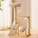 HITTITE Solid Wood Cat Tree Tower with Scratching Post, 37.8 Inches Tall Cat Towers with Scratching Board and Scratcher Ball, Modern Cat Tower With Space Capsule and Removable Top Bed for Indoor Cats.