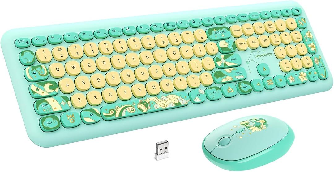 Wireless Colorful Keyboard and Mouse, seenda 2.4G USB Green & Yellow Keyboard Mouse Combo, Full Size Cute Keyboard for Windows, Laptop, PC, Notebook (Aquarius Green)