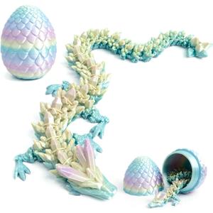 3D Printed Dragon Easter Basket Stuffers - Blue Rainbow - 12" Flexible Crystal Dragon with Egg, Unique Easter Decor, Cool Fidget Toy, Birthday Gift, Desk Pet Figure, Medium