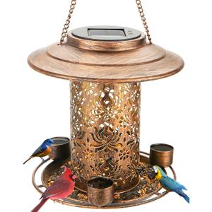Solar Bird Feeders for Outdoors, Metal Hanging Bird Feeder with 3 Water Cups,Rust Resistant, Solar Garden Lantern for Outdoors Decor,The Perfect Choice for Gift(2.5LB)