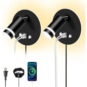 ERAY Wall Mounted Reading Light, Adjustable Wall Sconces with USB and Type-C Charging Port/Touch Control, 3000K/4000K/6000K 350° Rotatable LED Spotlight & Backlight for Bedside Bedroom -Pack of 2 