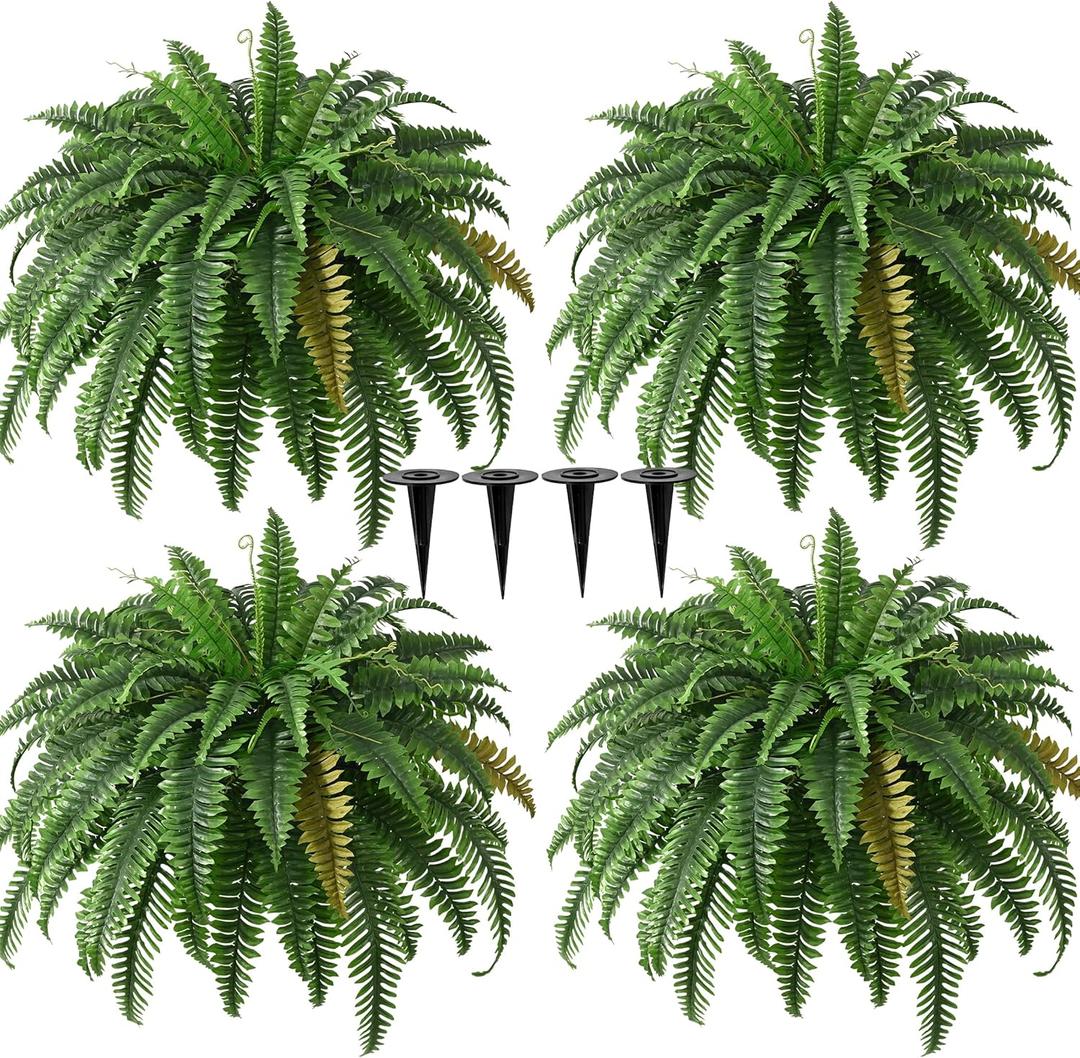 4PCS 45in Fake Ferns- Outdoor Faux Plants, Large UV Resistant Artificial Ferns for Outdoors, Weatherproof Faux Boston Fern Realistic Fake Artificial Plant for Porch Home Garden Patio Hanging Decor