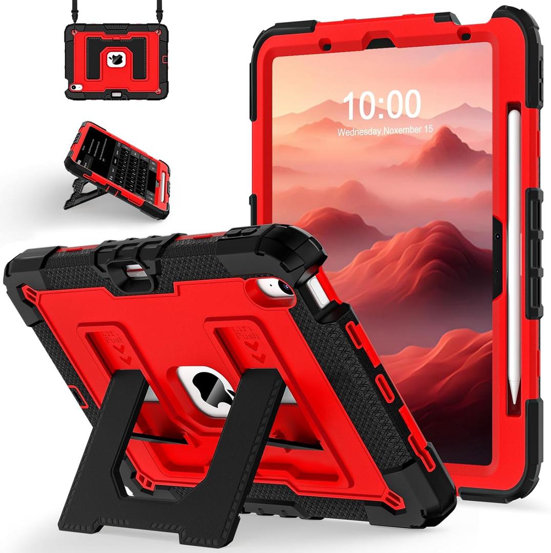 for iPad Air 11-inch M3 (2025) / M2 (2024) iPad Air 5th (2022) / 4th Generation (2020) 10.9 Inch,Military Grade Shockproof iPad Case Air 11 Inch with Pencil Holder, Black Red