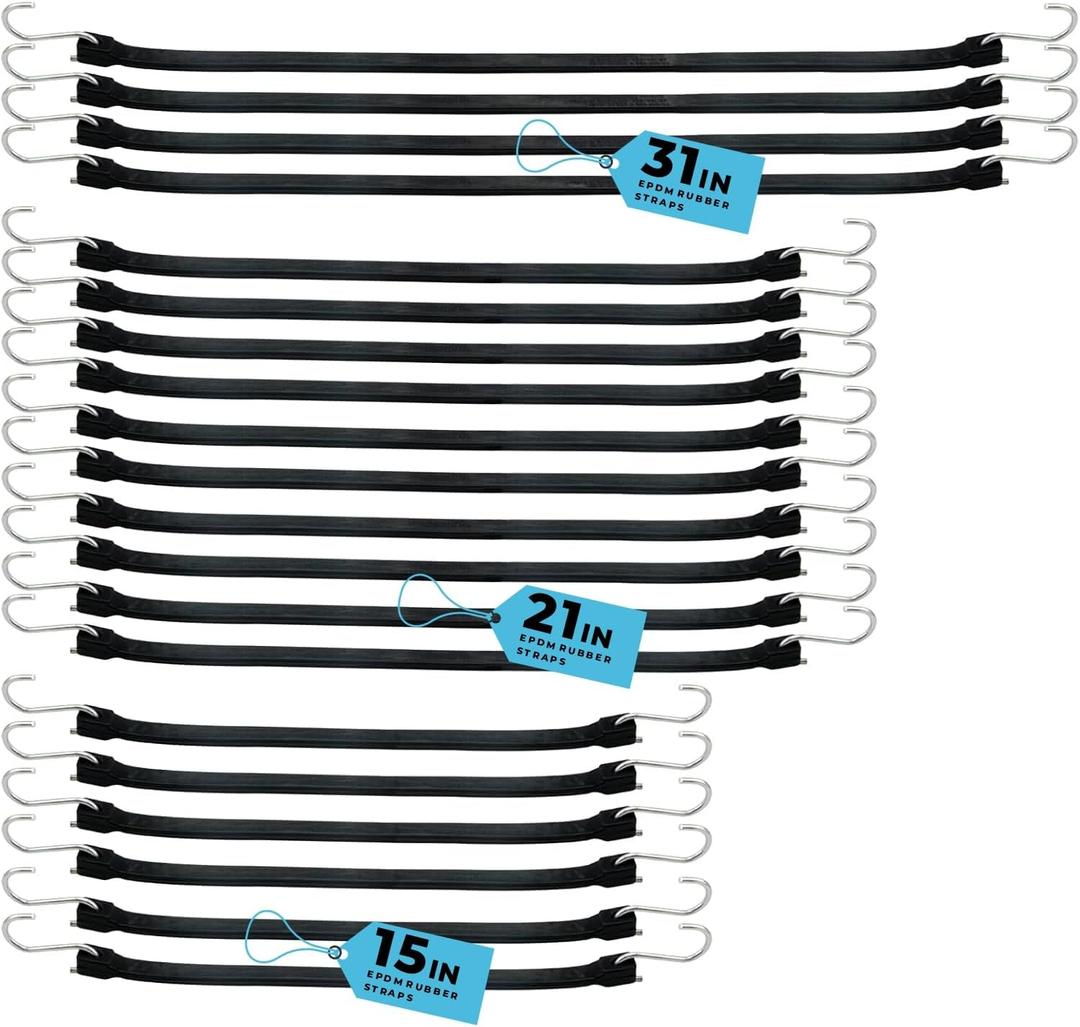 XSTRAP STANDARD 20 Pack Multiple Size Natural Rubber Tarp Bungee Straps 100% EPDM Tie Down Cords with S Hooks Heavy Duty Ideal for Securing Tarps