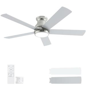 POCHFAN 52 Inch Brushed Nickel Ceiling Fans with Lights and Remote,LED Low Profile Flush Mount Ceiling Fan for Bedroom, Living Room,Patio,Quiet DC Motor,5 Blades