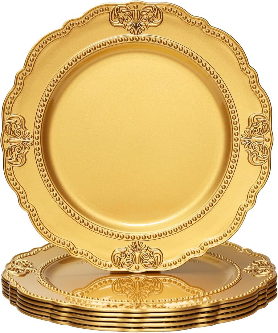 Spsyrine Gold Charger Plates, Set of 6 Scalloped Chargers for Dinner Plates, 13" Embossed Plastic Chargers for Wedding, Banquets, Party
