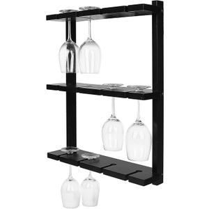 MyGift Wall Mounted Wine Glass Rack, Black Wood Stemware Holder for 12, Medium