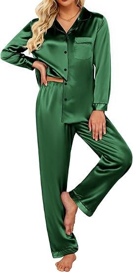 ECOUVER Womens Pajama Set Silk Satin Pajamas Long 2pc Pjs Button Down Sleepwear Pj Set Loungewear XL