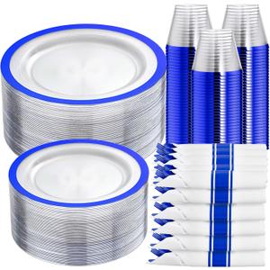 I00000 210 Pcs Dark Blue Plastic Plates, Clear Disposable Plates for 30 Guests, Blue Dinnerware Include 30 Dinner Plates 30 Dessert Plates, 30 Cups, 30 Pre Rolled Napkins with Cutlery Set for Party