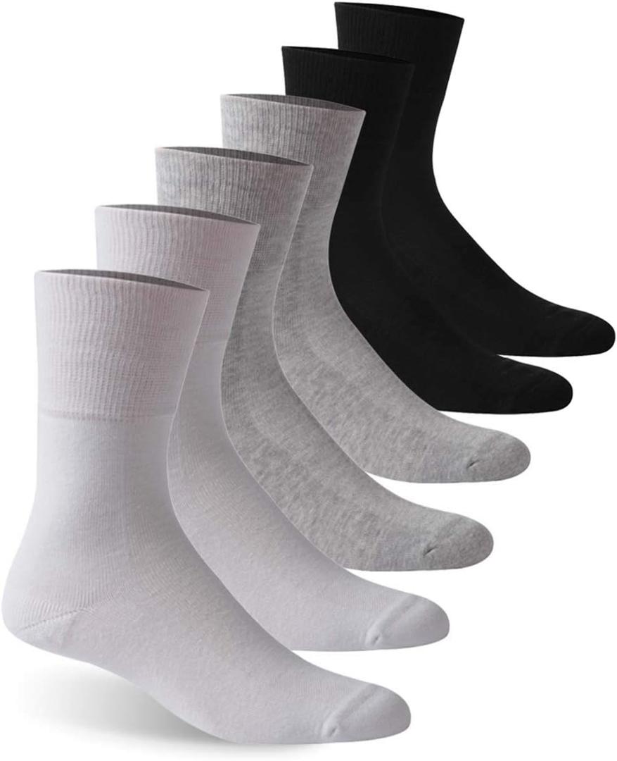 Facool Diabetic Crew Socks for Men Women, Non-Binding Loose Top Seamless Toe Moisture Wicking Soft Cotton Diabete Dress Quarter Long Neuropathy Socks, 6 Pairs White/Grey/Black Medium