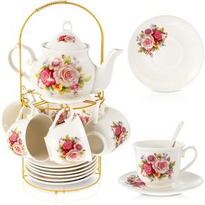 Zhehao 20 Pcs Porcelain Tea Set with Metal Holder and Spoon Adult Ceramic Tea Set European Flower Painting Teapot Cup Saucer Spoon for Women, Large Version(Modern Style)
