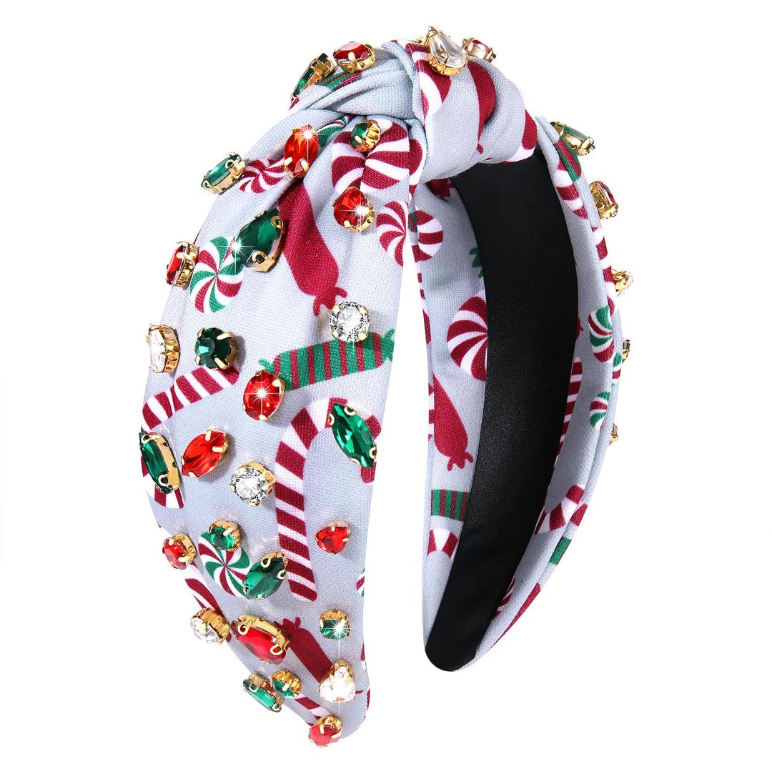 boderier Christmas Headbands for Women Xmas Candy Cane Headband Crystal Jeweled Wide Knotted Headband Christmas Holiday Headwear Hair Accessories Gift(Candy Canes)