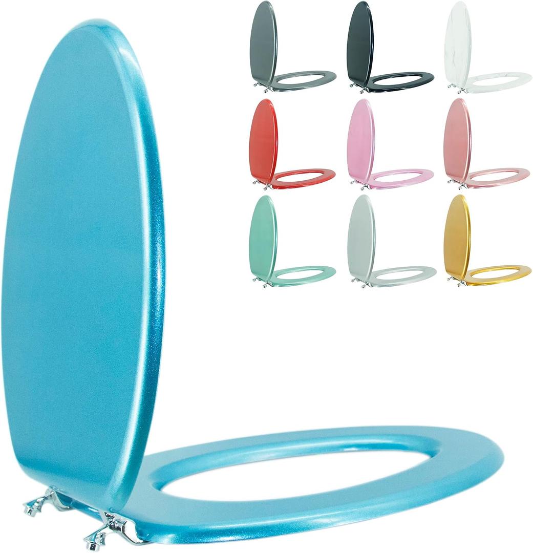 Elongated Toilet Seat Wood Toilet Seat Prevent Shifting with Zinc Alloy Hinges American Standard Size Toilet Seat Easy to Install also Easy to Clean(Elongated,Sparkling Sapphire Blue)