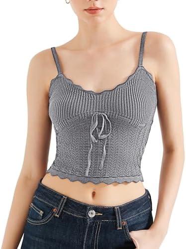 SUUKSESS Women Y2K Tank Top Summer Adjustable Spaghetti Straps Cami Basic Crochet V Neck Crop Camisole, Gray, S