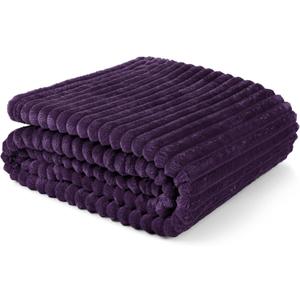 PAVILIA Super Soft Fleece Throw Blanket Twin Purple Eggplant, Fuzzy Plush Flannel Throw, Warm Cozy Ribbed Microfiber Blanket for Sofa Couch Bed, Lightweight Striped Blanket, Purple, 60x80