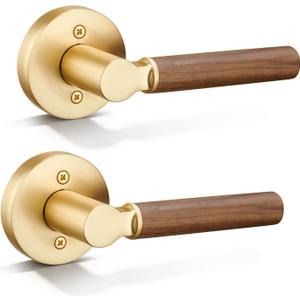 Walnut Wood Dummy Lever Interior Door Handle Decorative for Hall Closets French Doors Round Non-Turning Single Side Push Pull Only Reversible Door Knobs Set (2 Pack, Stain Brass, Dummy)