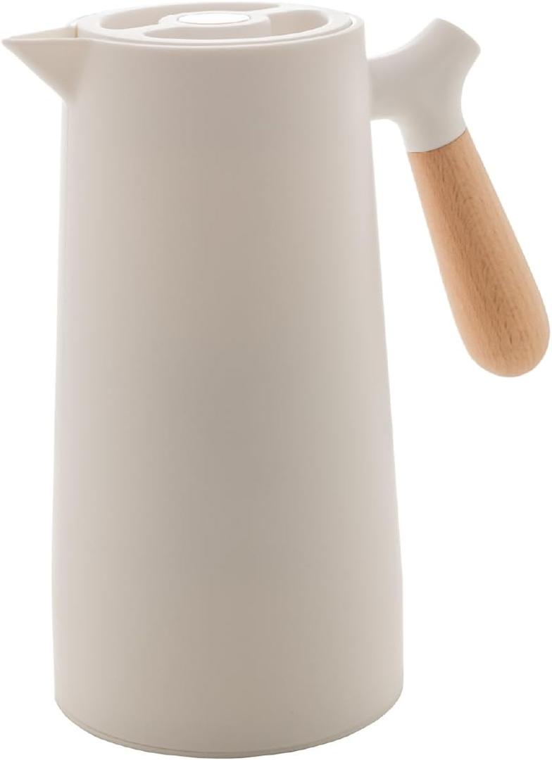 WOLFF - White Thermal Coffee Carafe  34oz / 1L Insulated Carafe - Food-Safe Plastic Exterior and Glass Liner, Wood-Style Handle  Keeps Drinks Hot or Cold, Leakproof Coffee and Tea Dispenser