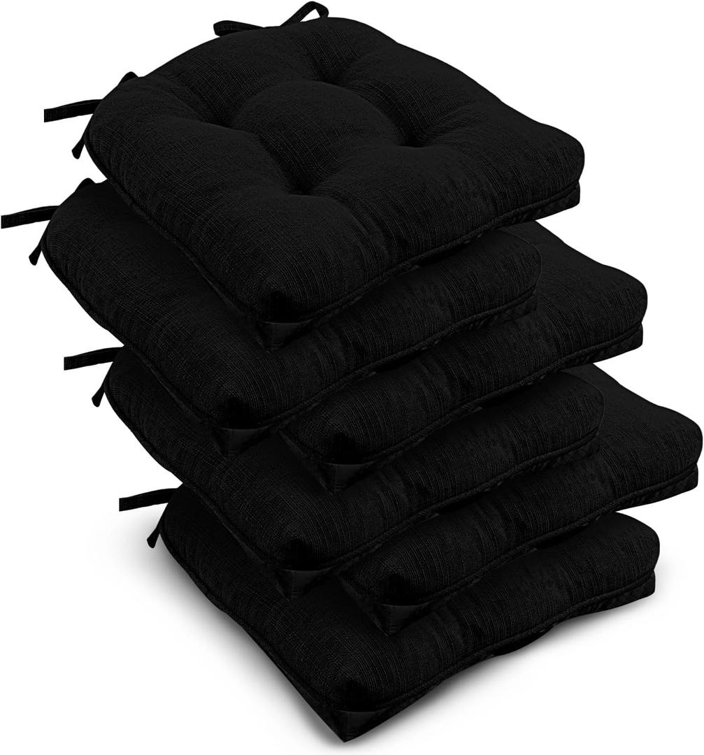 Downluxe Indoor Chair Cushions for Dining Chairs, Tufted Overstuffed Textured Kitchen Chair Pads with Ties and Non-Slip Backing, 15.5" x 15.5" x 4", Black, 6 Pack