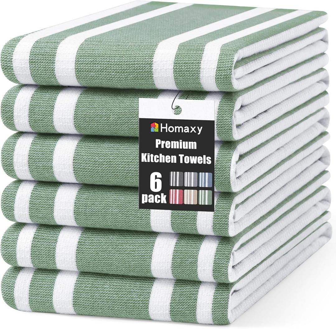 Homaxy Premium Kitchen Towels 18x 28, Large Cotton 380 GSM Kitchen Hand Towels, Stripe and Terry Dish Towel, Highly Absorbent Tea Towel Set with Hanging Loop, 6 Pack, Grass Green