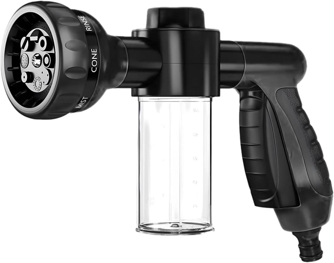 Wevdn Car Wash Nozzle, High Pressure 8 Adjustable Patterns Sprayer with Soap Dispenser, Universal Garden Hose Foam Nozzle for Car Washing and House Cleaning, Car Accessories (Black)